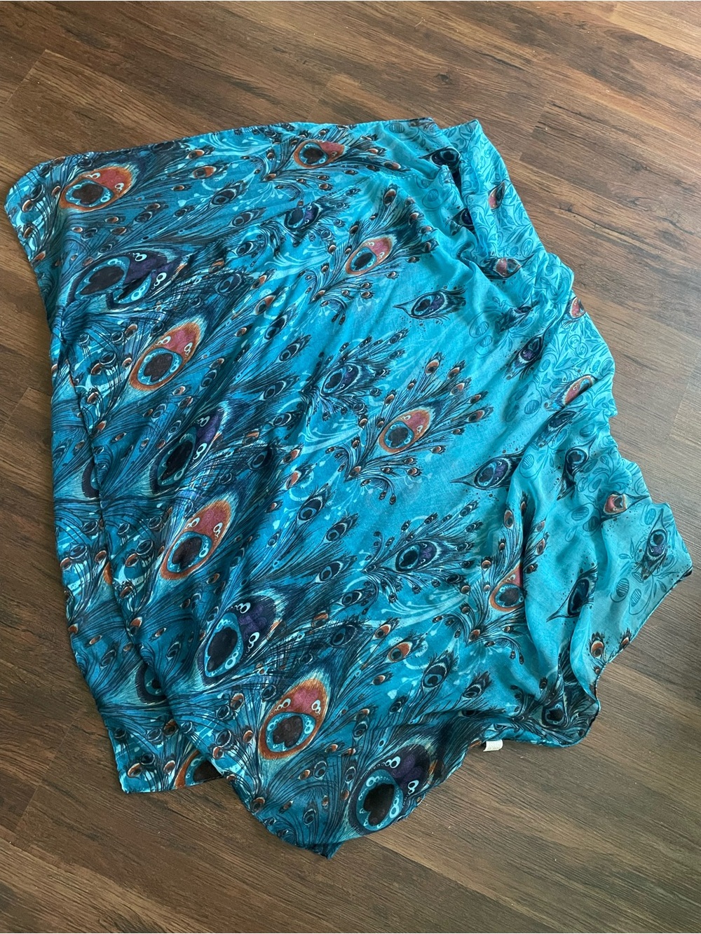 Pier 1 Imports Peacock Feather Print Scarf Blue Purple Teal 37 x 70”